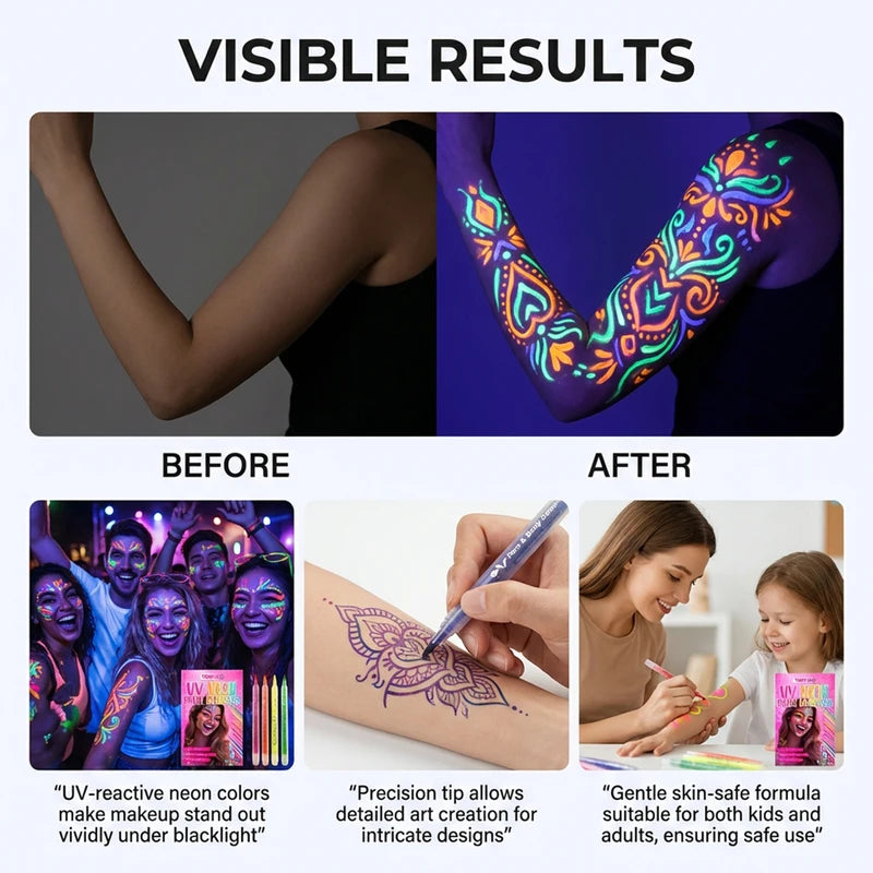 UV Luminous Face & Body Painting Pen for Parties & Concerts - Washable Neon Makeup