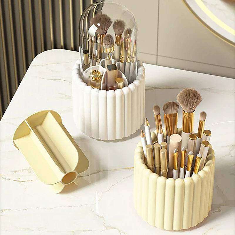 Rotating Makeup Brush Holder with Lid - Cosmetic Storage Organizer for Brushes, Lipsticks, Eyeliners