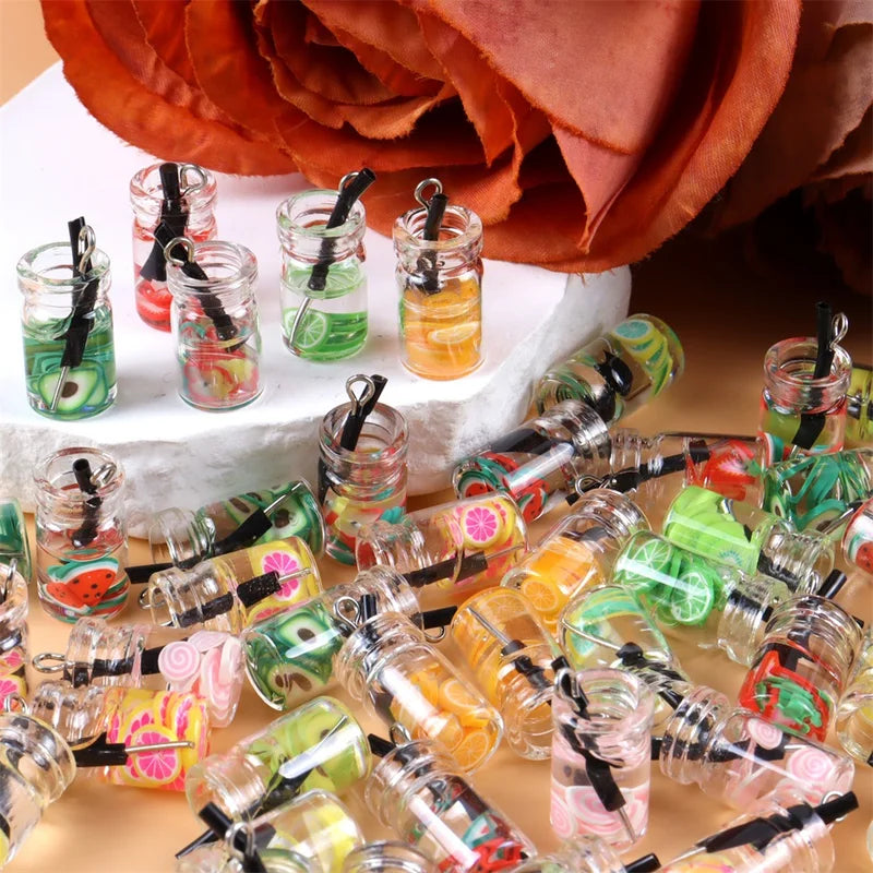 20pcs Colorful Milk Tea Fruit Bottle Charms Glass Pendants Jewelry Findings