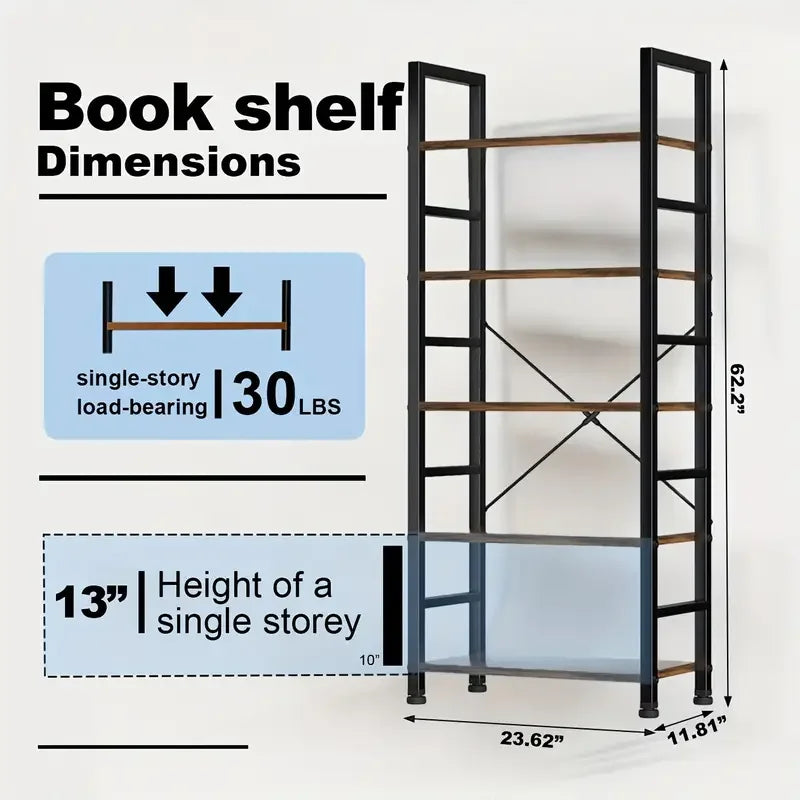 5-Tier Bookshelf Storage Organizer - Vintage Home Office & Living Room Shelving Unit