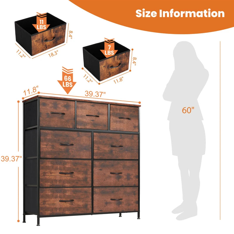 9-Drawer Fabric Storage Dresser for Bedroom Closet Organizer Tall Chest