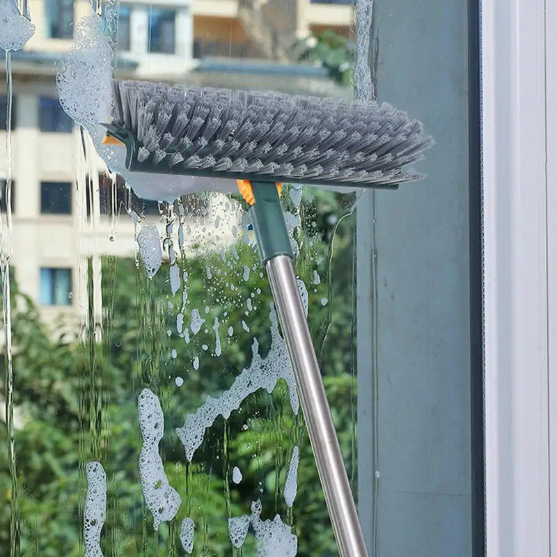 Rotatable Floor Scrub Brush with Long Handle and Squeegee for Grout and Tile Cleaning