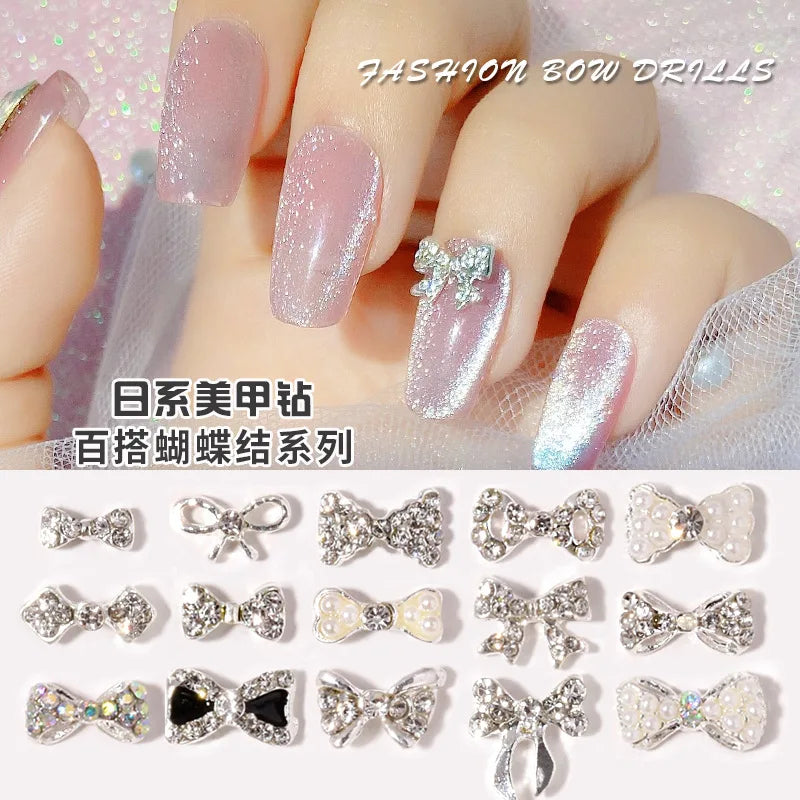 10PCS Bow Nail Charms Set - Super Flash Zircon, Silver Butterfly & Diamond Bows for Nail Art