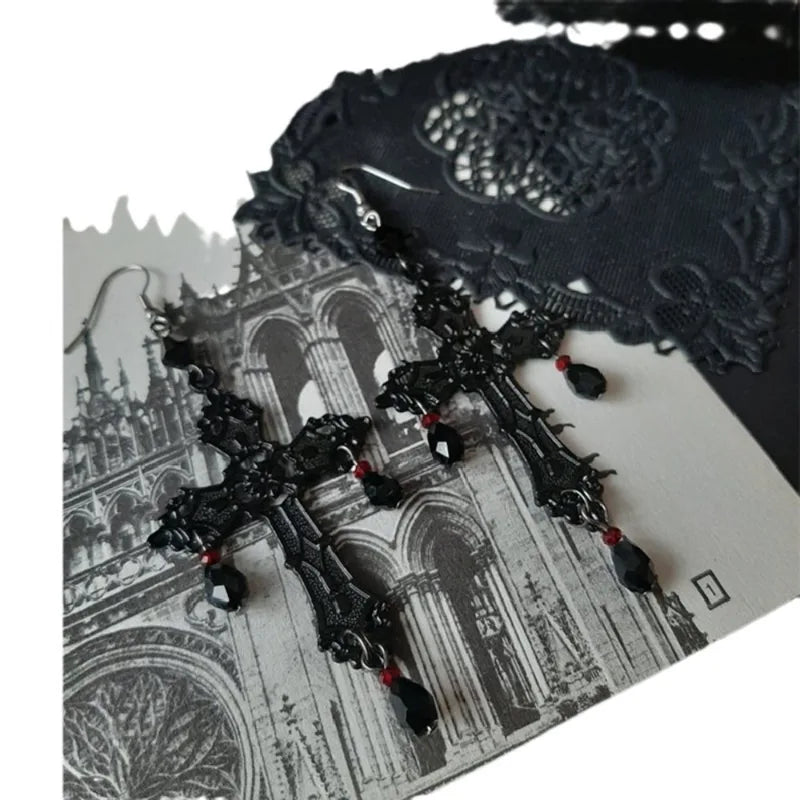 Gothic Cross Dangle Earrings with Teardrop Tassels for Women - Halloween Party Jewelry