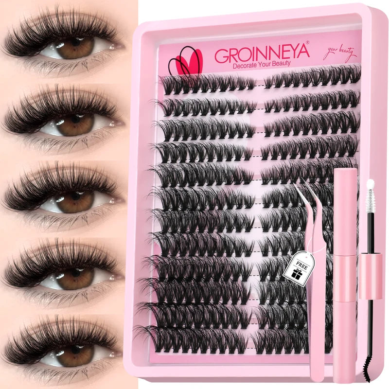 DIY Cat Eye Lash Clusters Kit with Adhesive & Sealant for Natural & Voluminous Look