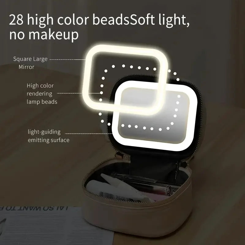 Portable Makeup Organizer Bag with LED Mirror and Light Modes - Travel Cosmetic Storage