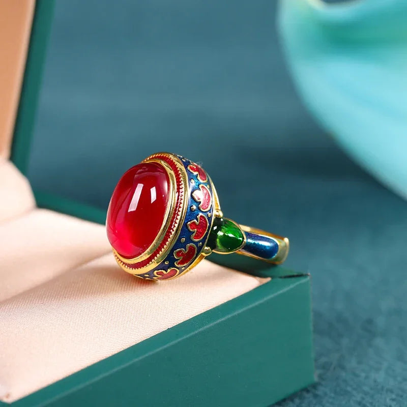 Ancient Gold Craftsmanship Carnelian Ring for Women with Flower Enamel - Light Luxury Wedding Jewelry