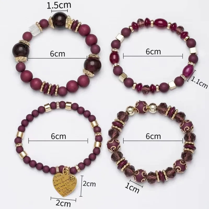 Bohemia Beaded Bracelet Set for Women and Men - Heart Charm Elastic Chain Jewelry