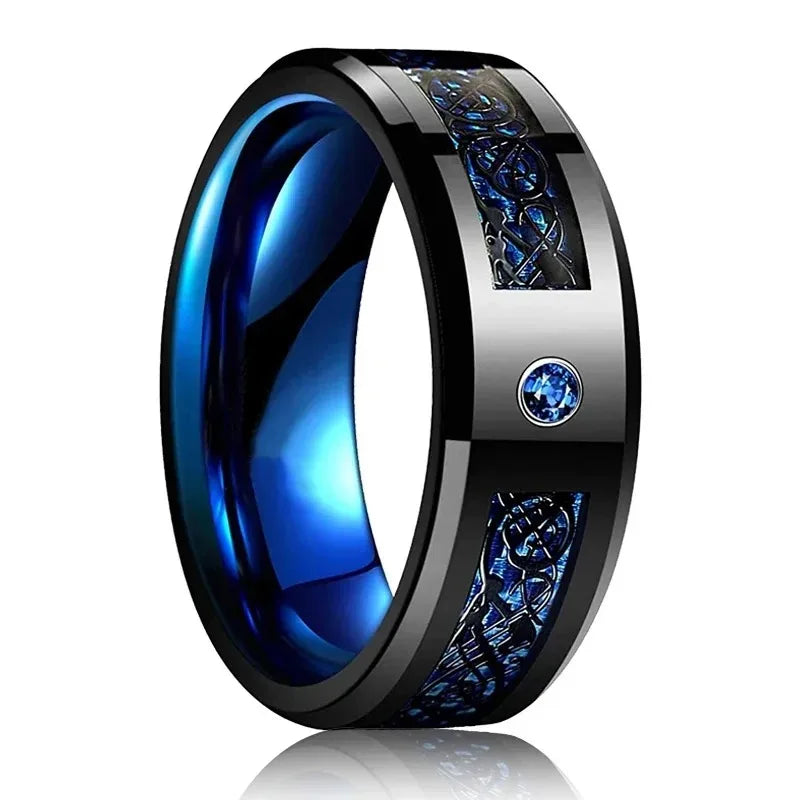 Men Women Celtic Dragon Rings Stainless Steel Inlay Carbon Fiber Jewelry