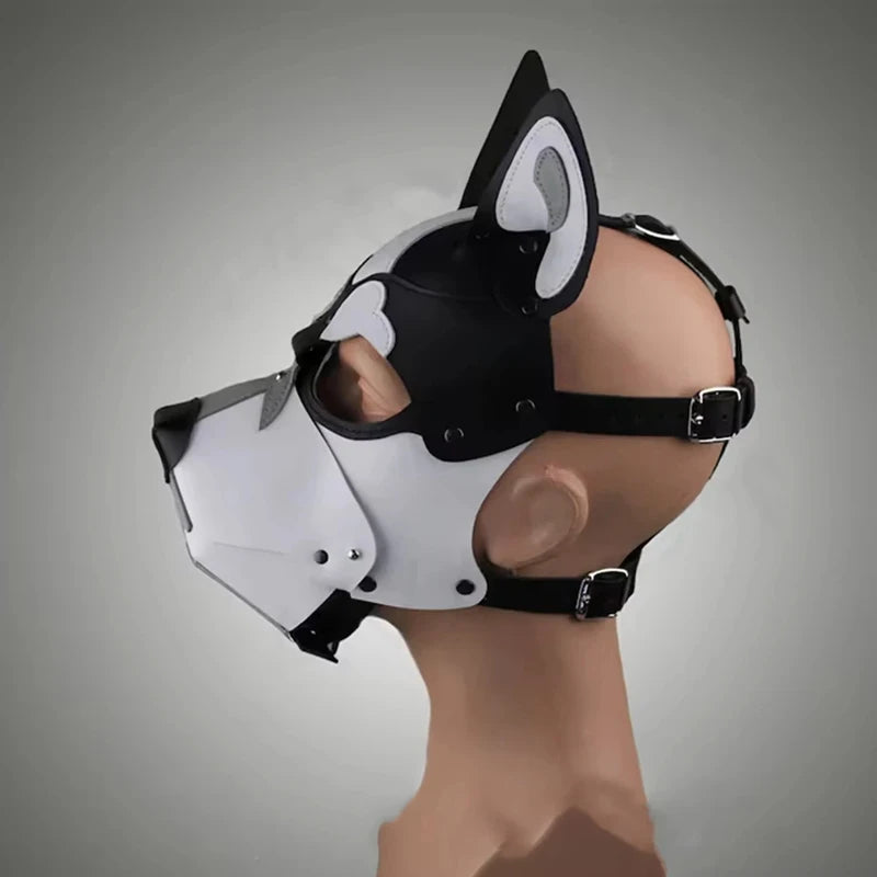 White and Black Puppy Cosplay Leather Full Face Mask for Role Play Halloween Costume