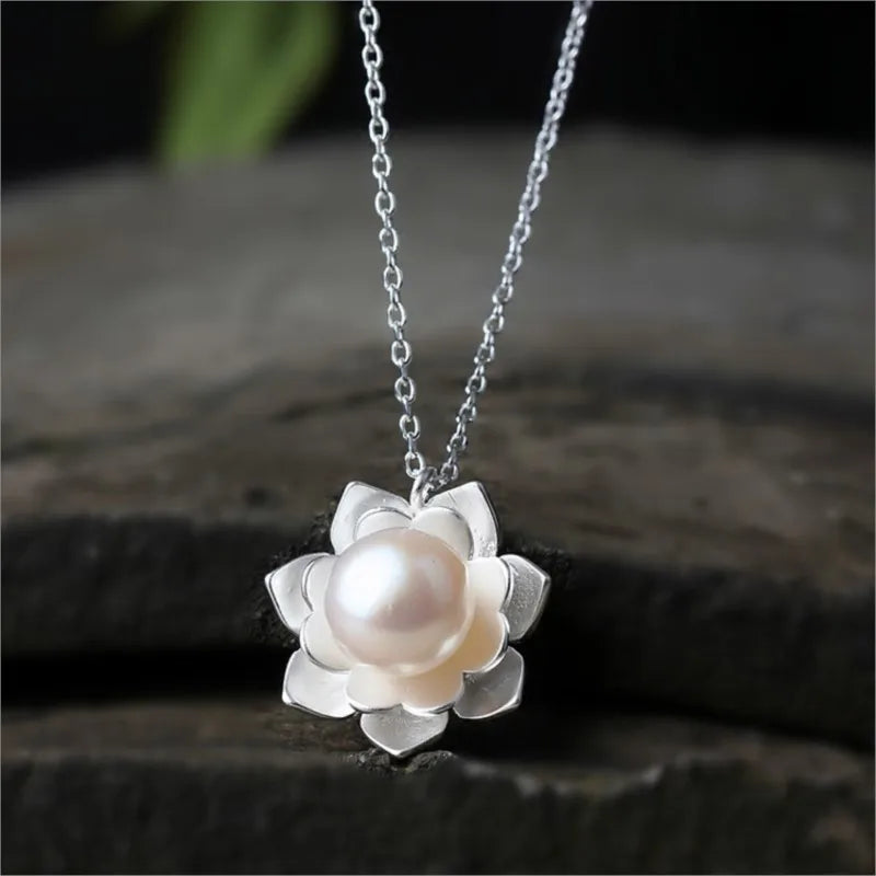 Sterling Silver Jewelry Necklace with White Lotus Shell Beads and Pearl Flower Pendant