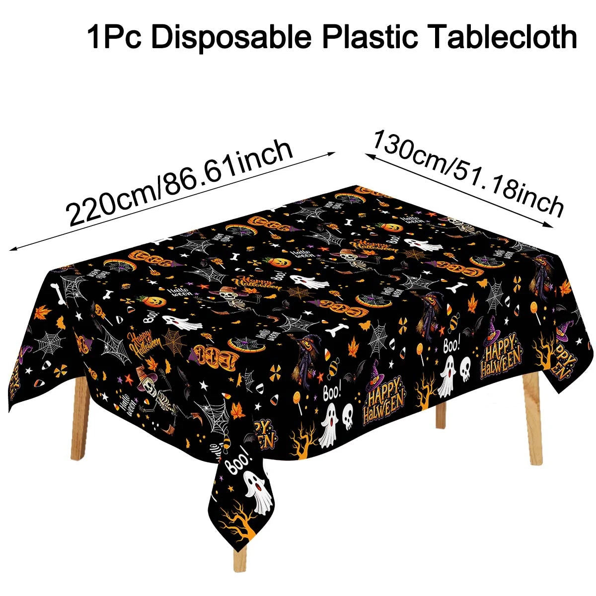 Halloween Tablecloth 130x220cm Disposable Plastic Party Covering Ghost Skeleton Witch Design Black