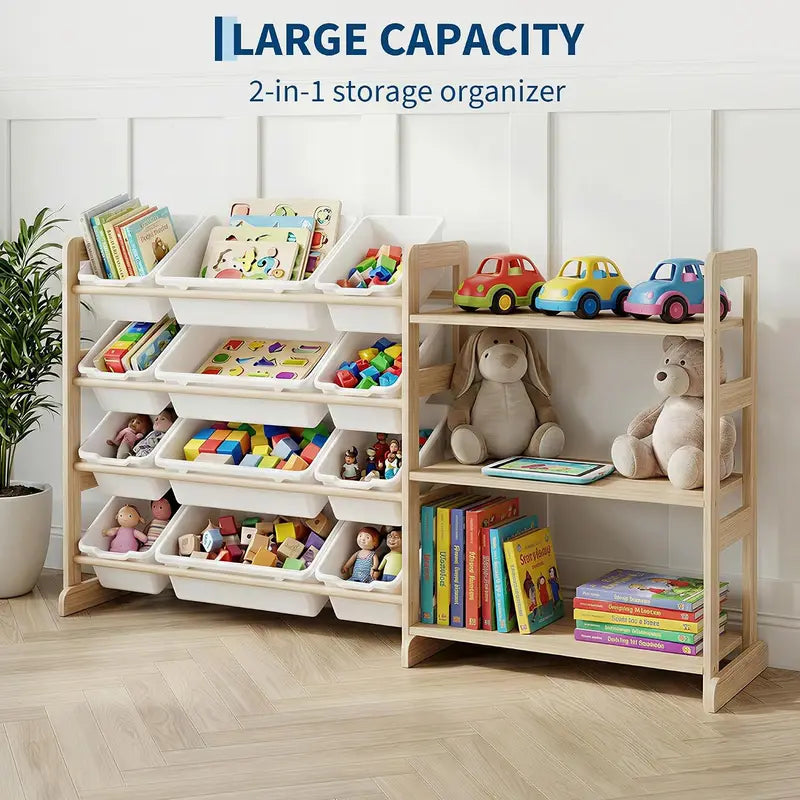 Kids Toy Storage Organizer with 12 Bins and Open Shelves - 56-Inch Wooden Bookcase