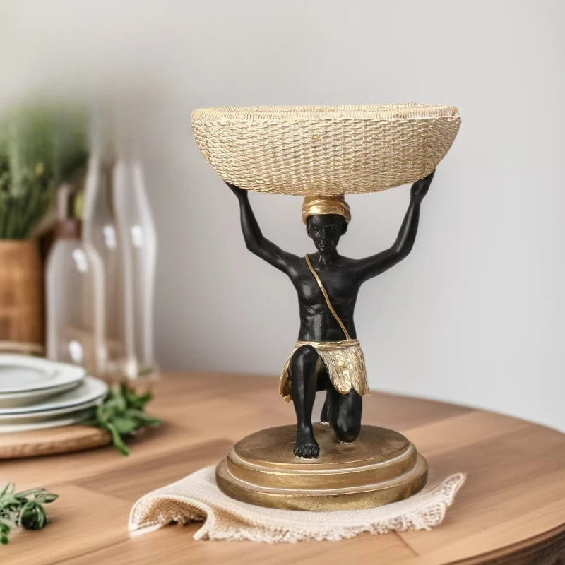 African Black Resin Basket Sculpture | Tribal Woven Storage Decor for Living Room & Entryway