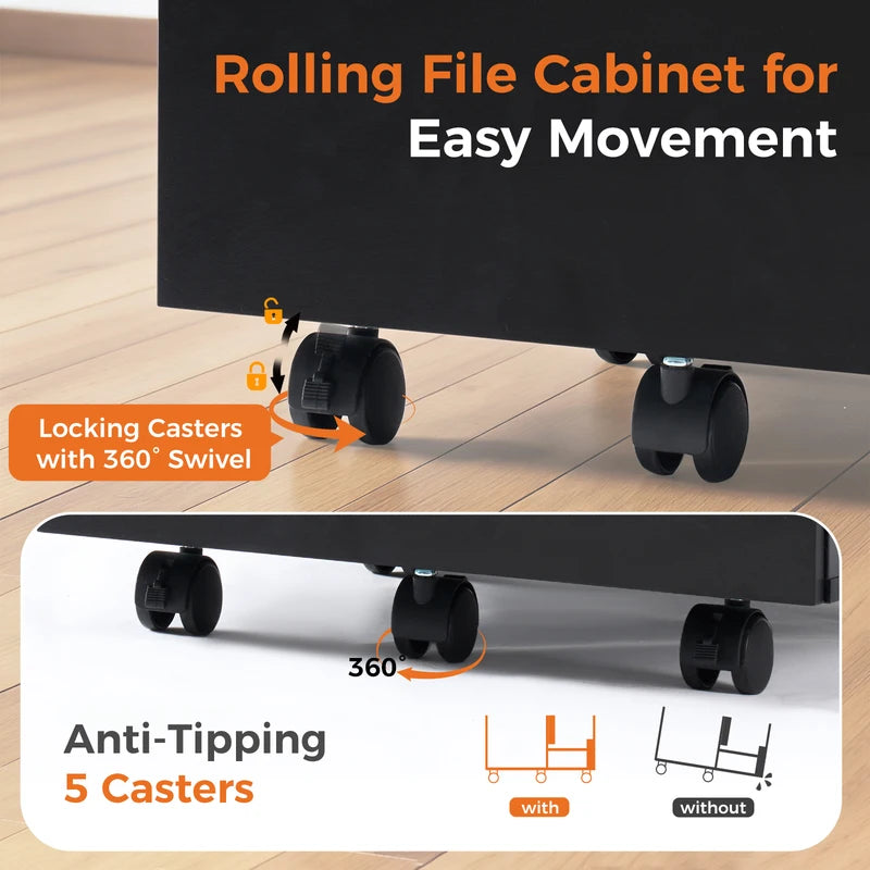 Rolling Wood Filing Cabinet with Lockable Wheels and 2 Drawers for Home Office
