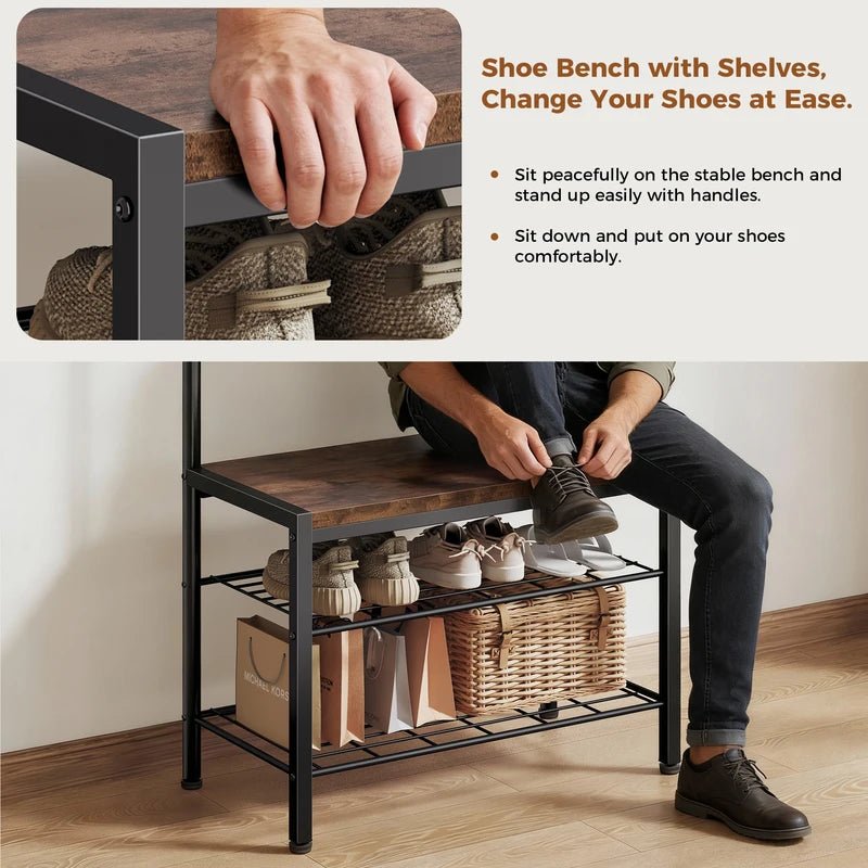 Multi-Functional Coat and Shoe Organizer with 2-Tier Shoe Rack and 12 Hooks