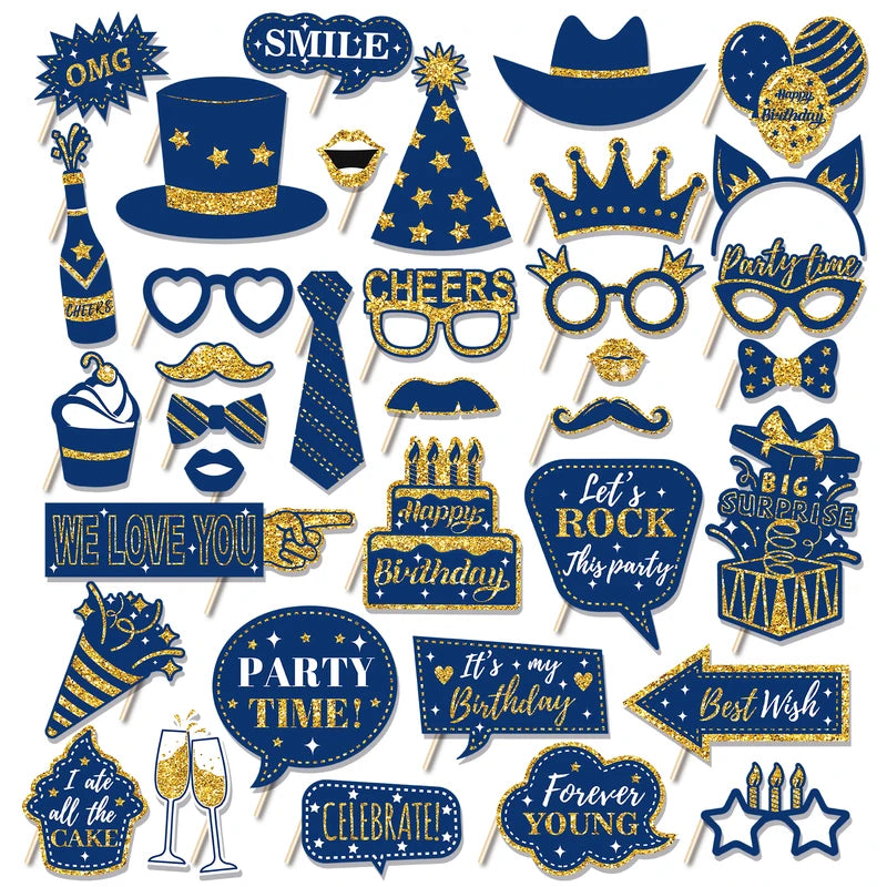 36PCS Happy Birthday Photo Booth Props Set with Shimmer Powder & Fun Glasses - DIY Party Accessories