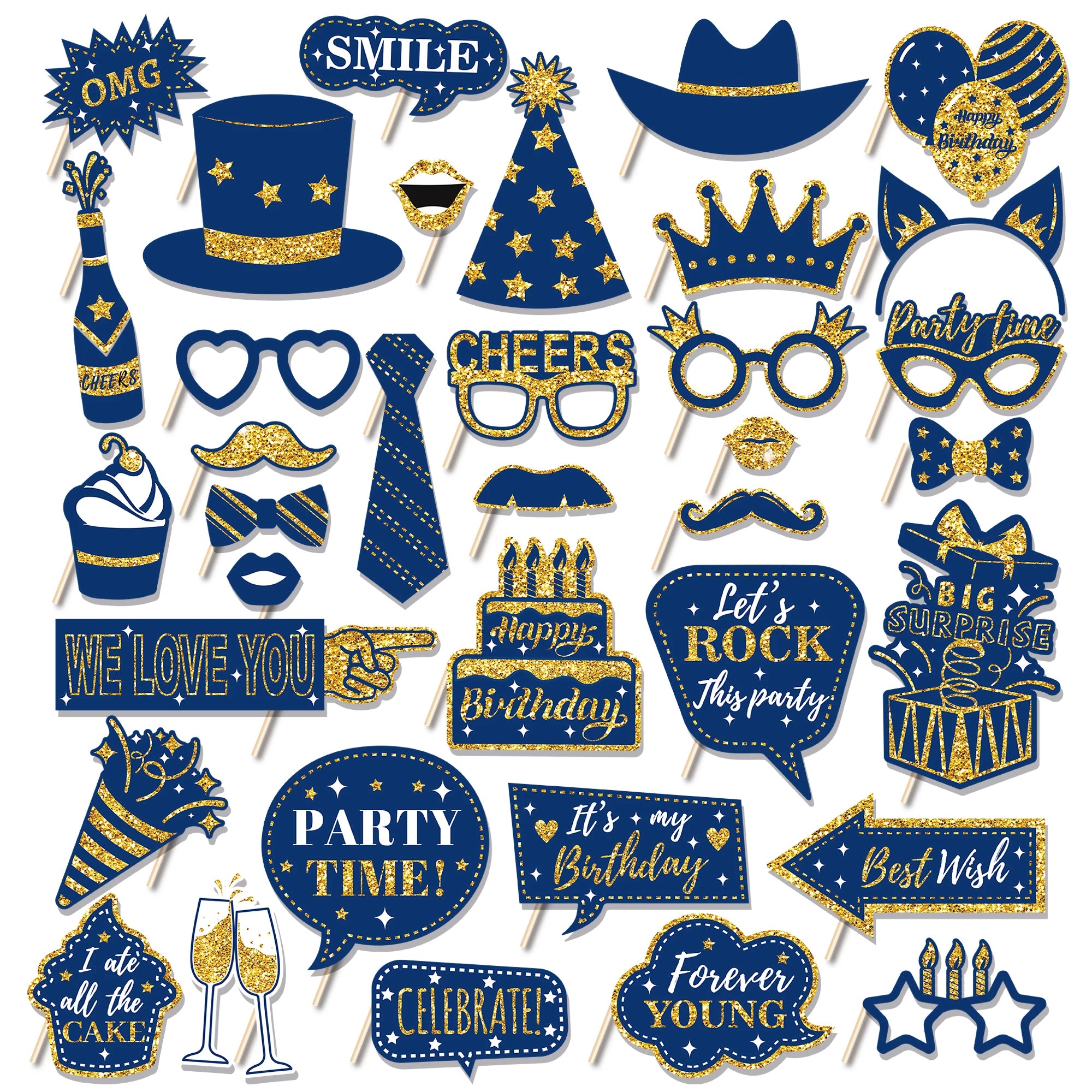 36PCS Happy Birthday Photo Booth Props Set with Shimmer Powder & Fun Glasses - DIY Party Accessories