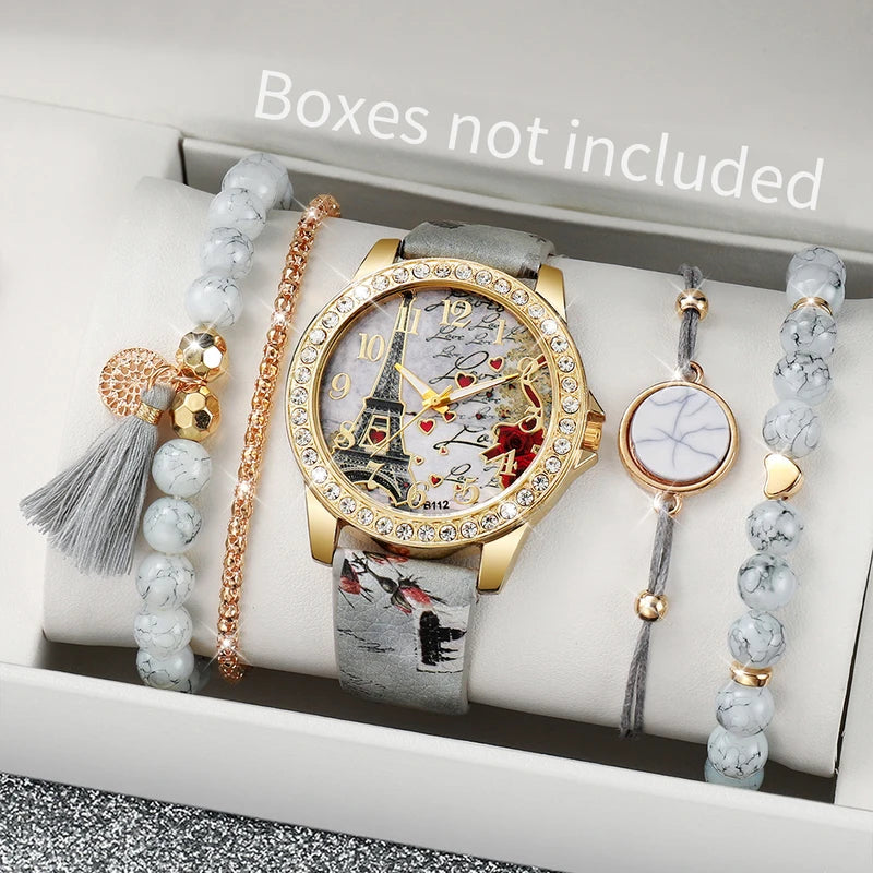 Fashion Women's Quartz Watch Set with Floral Print Leather Band Multiple Colors