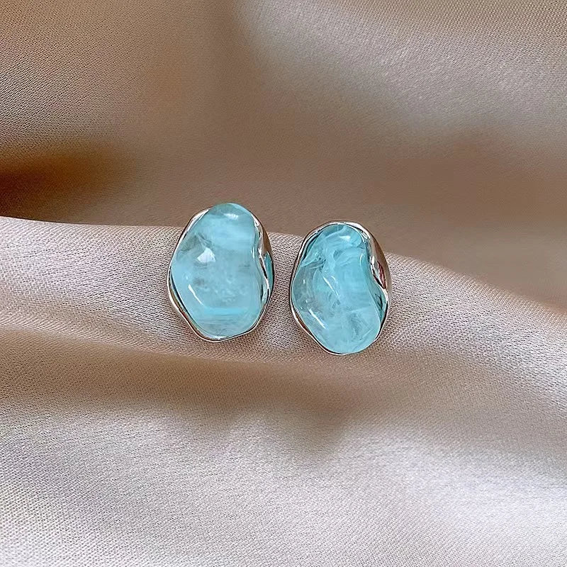 Unique Geometric Bean Stud Earrings with Blue Jelly Resin - Cute Jewelry Gift