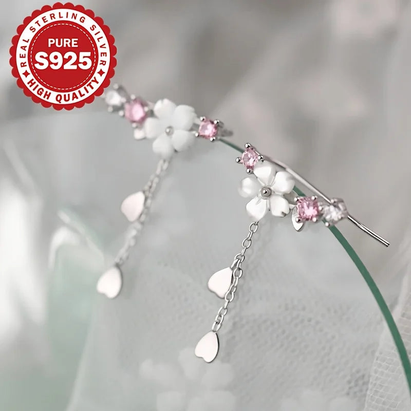 Sterling Silver Sakura Tassel Earrings - Elegant Korean Style Jewelry, Allergy-Free