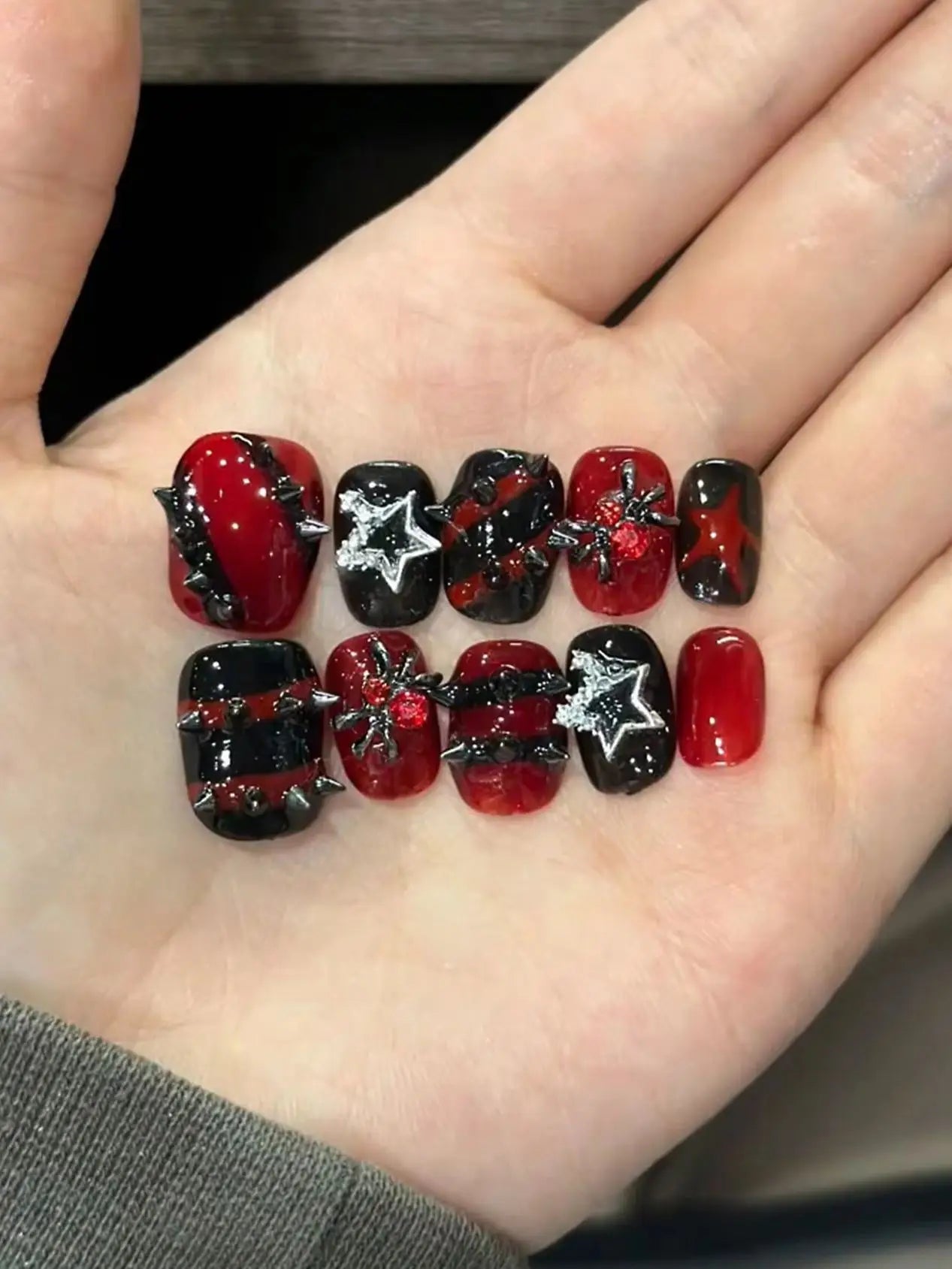 10-Piece Fake Nail Set for Dark Punk Y2K Style - Short Square, Multi Color