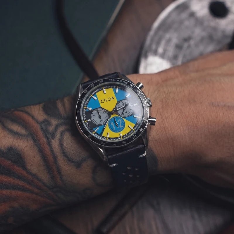 Men's Racing Chronograph Watch with Blue & Yellow Dial and Leather Strap