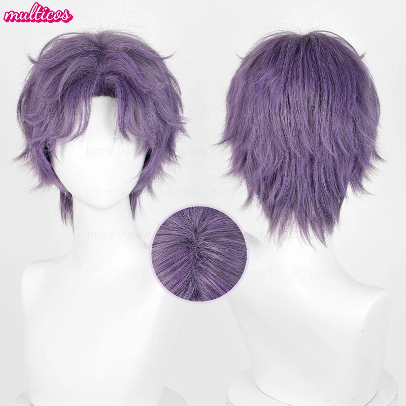 Cosplay Wig Short Mixed Purple Heat-Resistant Synthetic Hair for Halloween & Anime Costumes