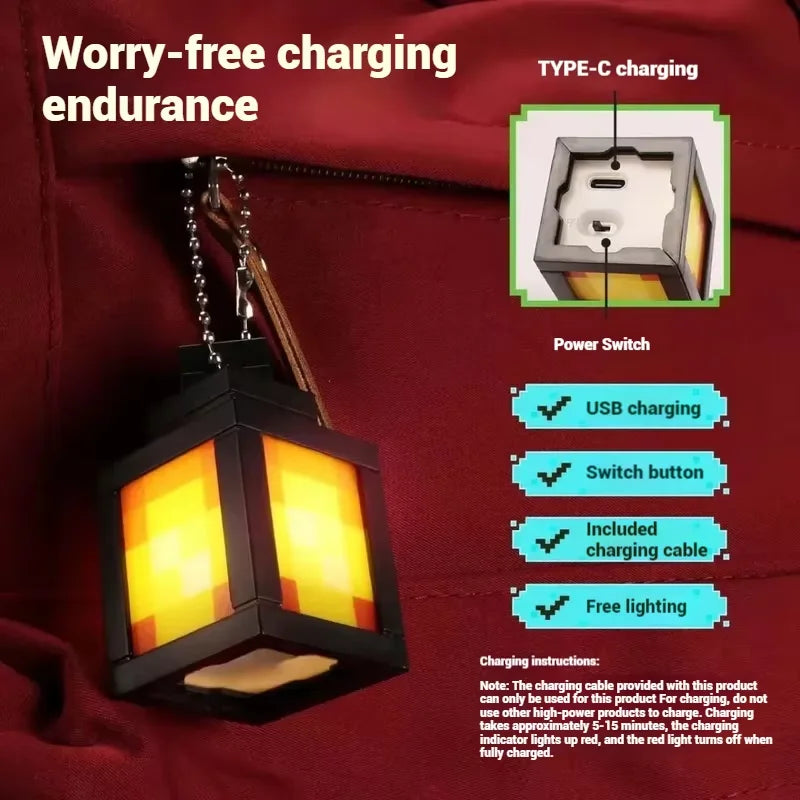 Rechargeable Pixel Lantern Night Light Keychain - Portable Kids Gift, USB-C Powered