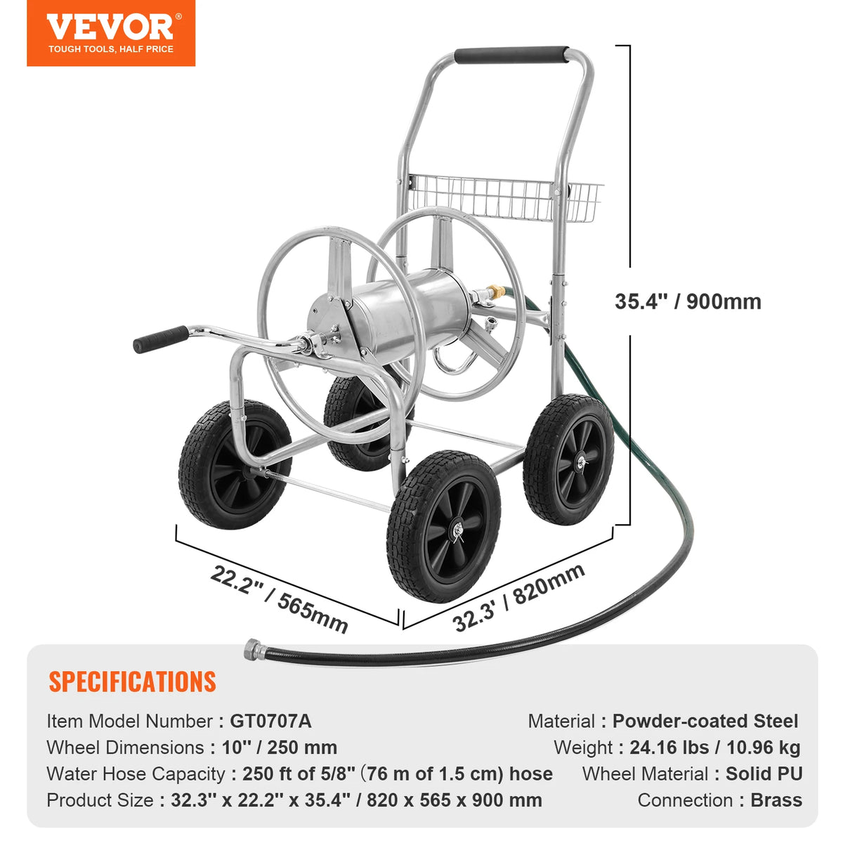 Heavy Duty Garden Hose Reel Cart 250ft with Steel Frame & Basket