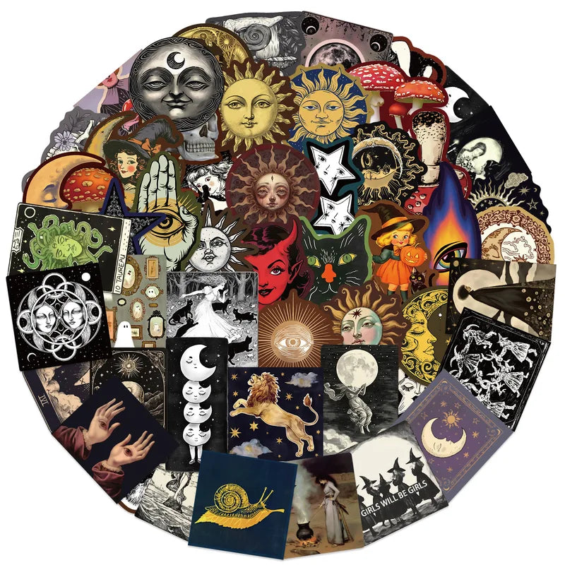 50Pcs Gothic Witch Moon Stickers for DIY Decor - Skateboard Phone Laptop Suitcase