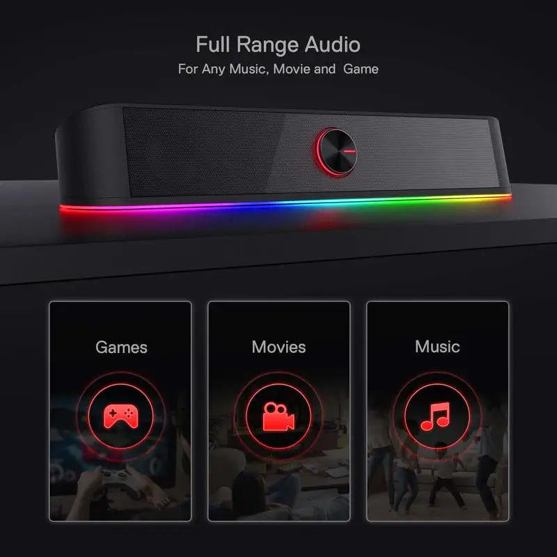 RGB USB Desktop Soundbar with Dynamic Lighting, 2.0 Channel Computer Speaker