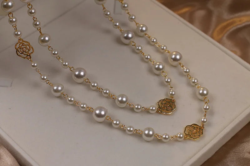 Vintage Lady Camellia Pearl Flower Necklace Double Layer Elegant Jewelry for Women