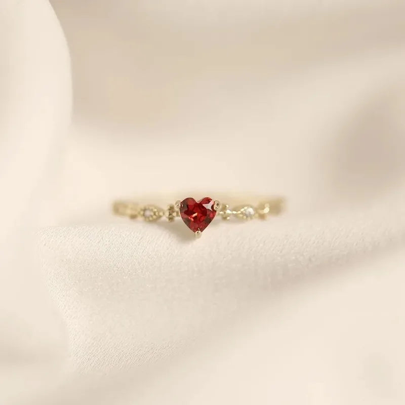 Luxury Red Heart Crystal Opening Rings for Women Wedding Jewelry Stainless Steel