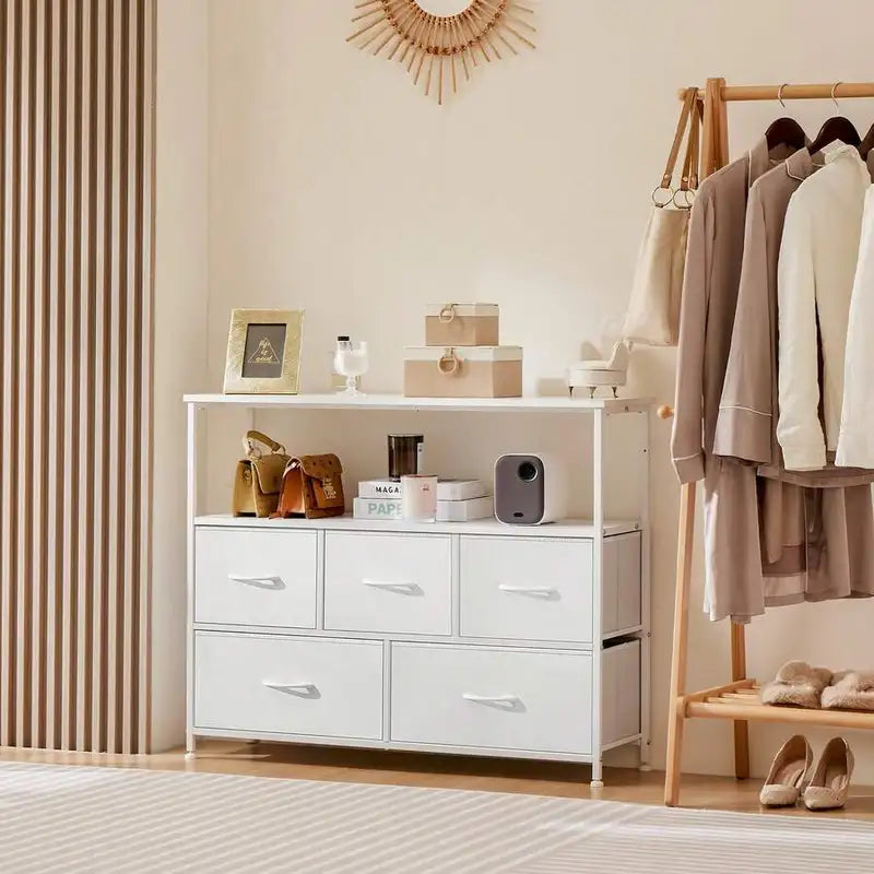 Bedroom Dresser Chest with Fabric Bins - Wooden Top Storage Tower