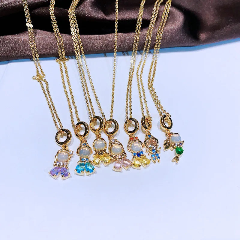 Colorful Zircon Fairy Tale Princess Necklace Gold-Plated Chain for Women