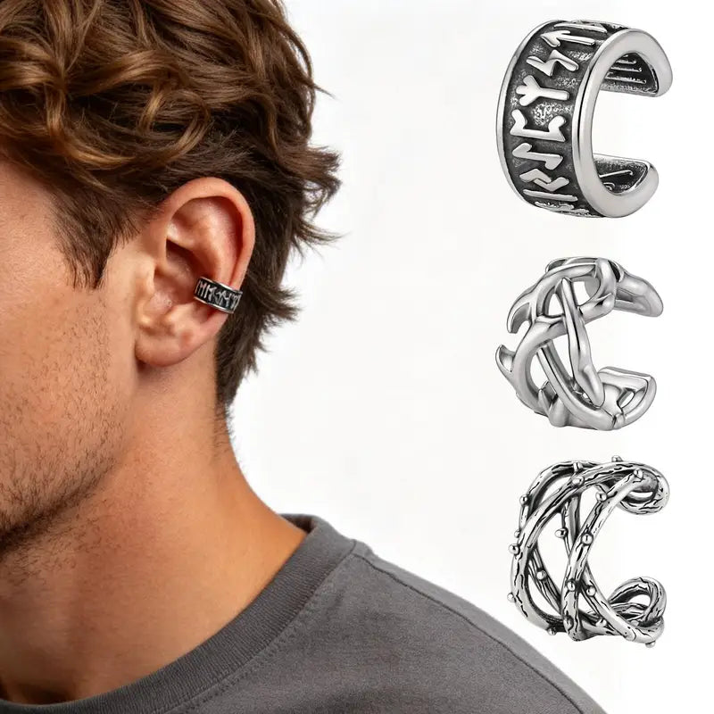 Vintage Punk Viking Clip Earrings for Men Boys - Hypoallergenic Stainless Steel No Piercing Ear Cuffs - Gift for Dad & Him
