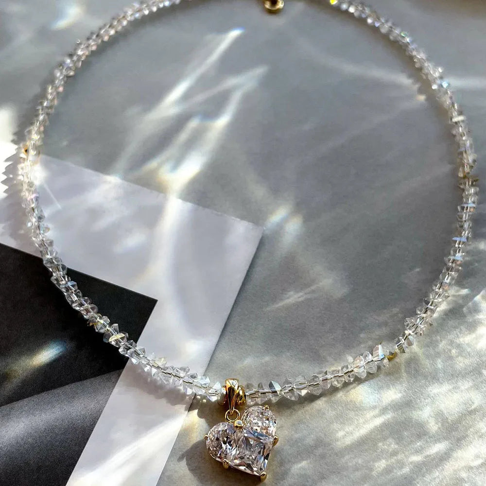Exaggerated Irregular Beads Chain with Crystal Heart Pendant Necklace for Women Valentine's Gift