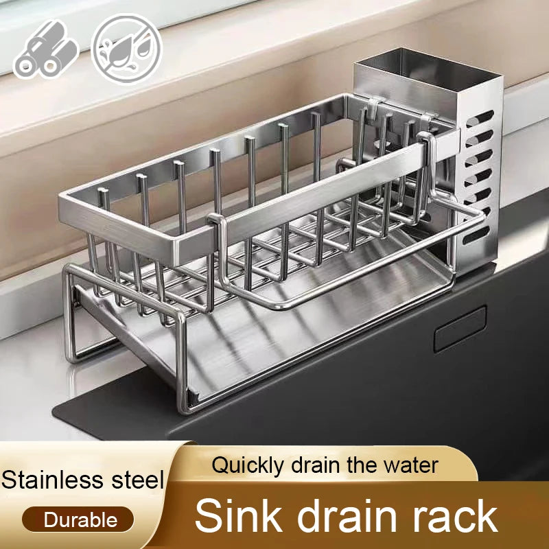 Stainless Steel Sink Cleaning Tools Storage Rack Kitchen Organizer with Drip Tray