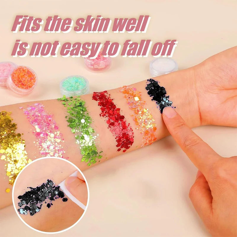 12 Colors Face & Body Glitter Gel - Holographic Sequins for Festival & Party