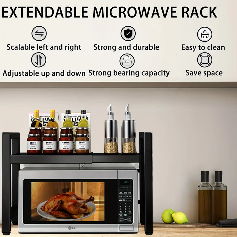 Expandable Microwave Shelf with Hooks, Space-Saving Kitchen Storage Rack 40-64cm