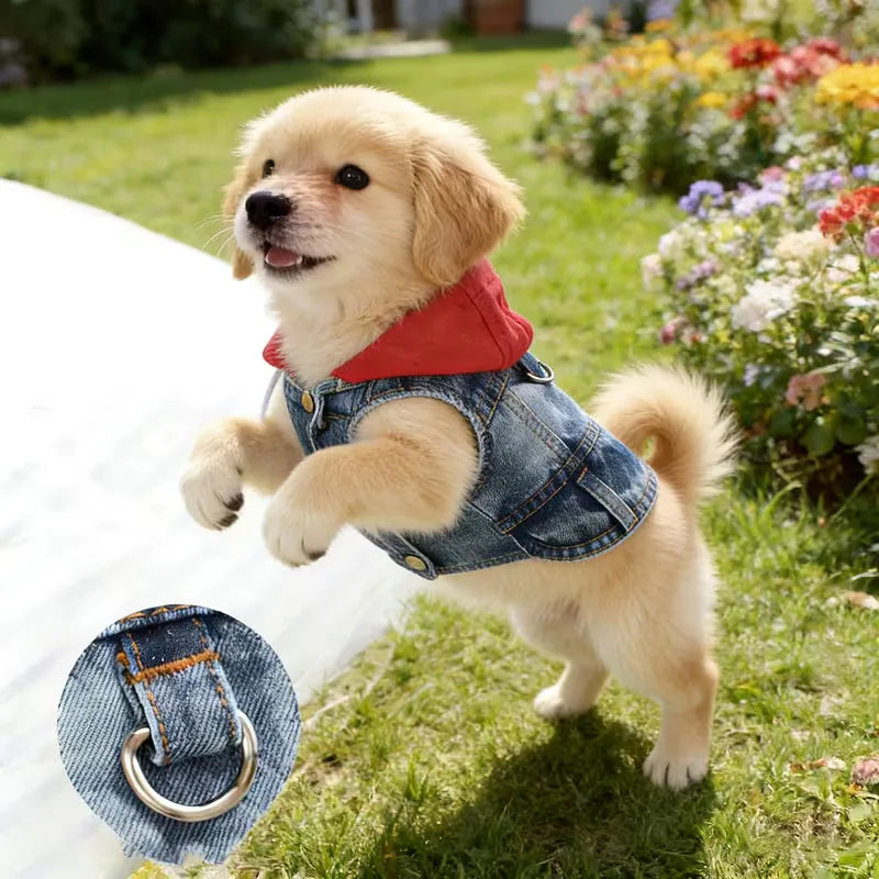 Dog Jean Jacket Vest with D-Ring Hoodies for Small Medium Dogs Spring Dog Clothes Puppy Denim Harness Coat