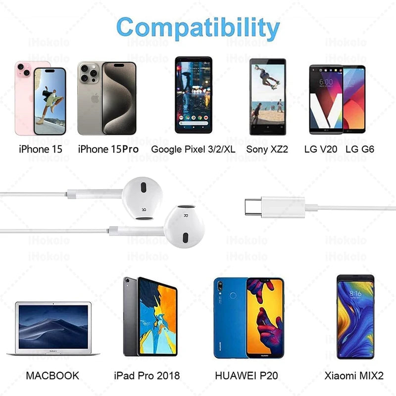 Wired Earphones for iPhone & iPad - In-Ear Headbuds with Lightning, USB-C & 3.5mm