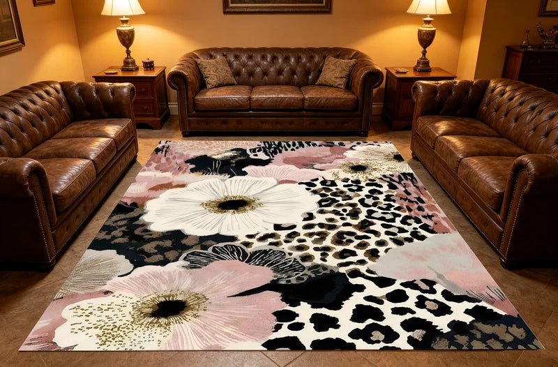 Abstract Floral Area Rug - Black & White Ink Style Pattern, Multiple Sizes