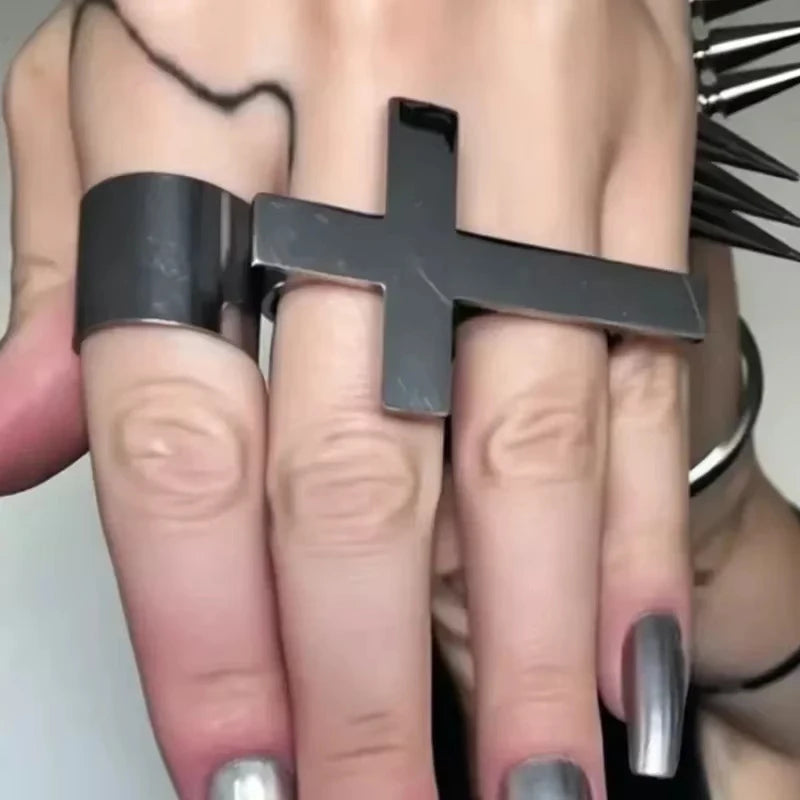 Two Finger Cross Ring for Women Men Punk Gothic Jewelry Trendy Vintage Open Ring
