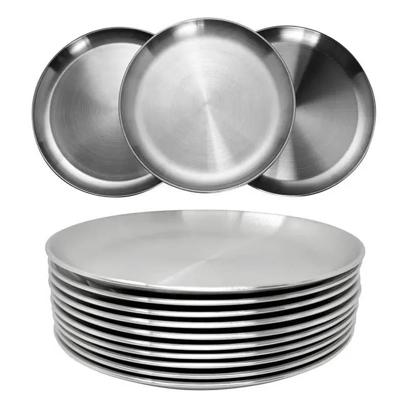 4Pcs Stainless Steel Camping Plates Set Round Shallow Dish for Picnic BBQ Cooking