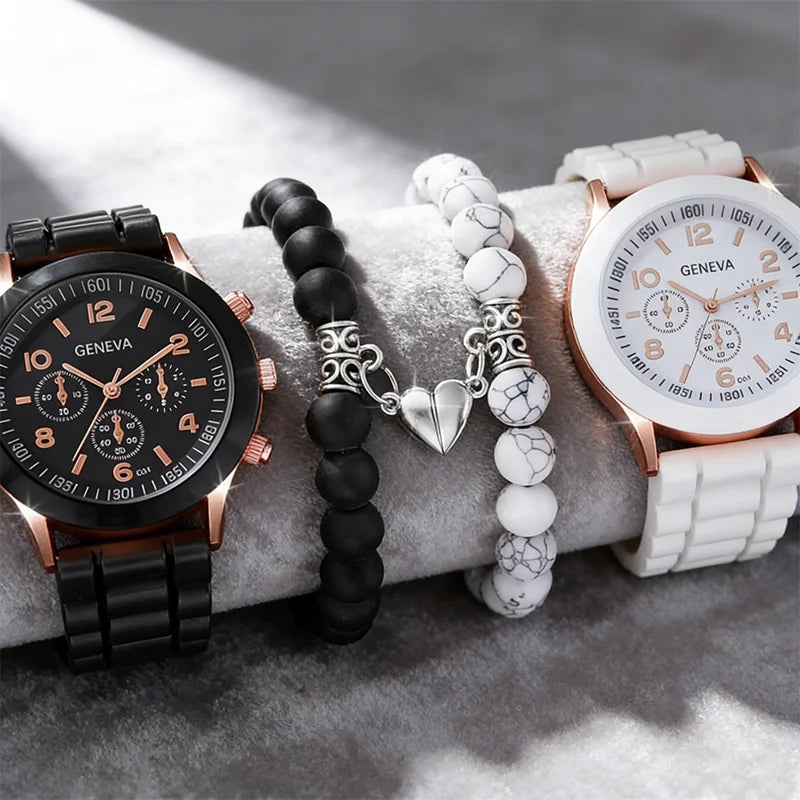 Men and Women Couple Watch Set with Love Bead Bracelet - Minimalist Silicone Band