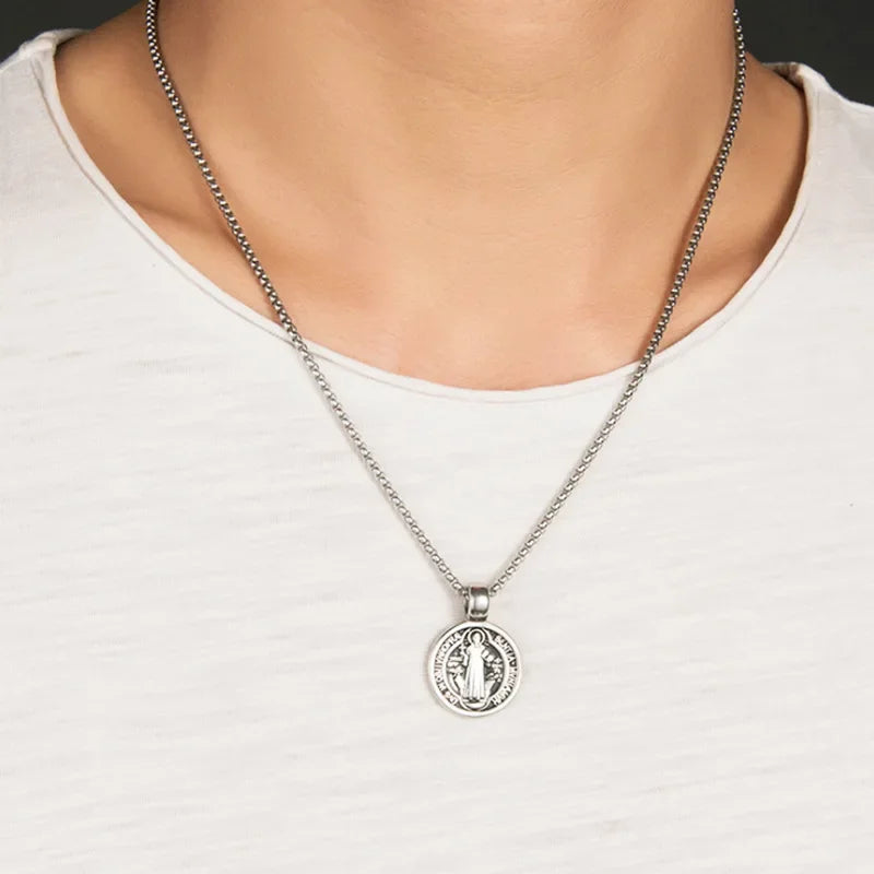 Stainless Steel Saint Benedict Necklace Men Women Religious Pendant Amulet