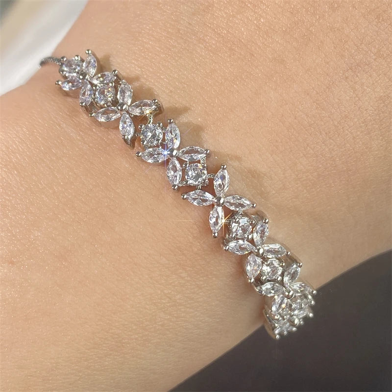 Adjustable Zircon Flower Charm Bracelet for Women - Silver, Gold & Green Variants