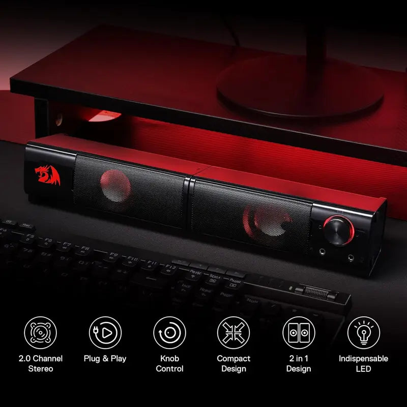 Redragon GS550 PC Gaming Speakers 2.0 Channel Sound Bar with Bass & Red Backlit
